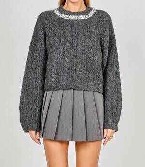 NEW ENDLESS ROSE jewel embroidered cable knit chunky sweater in charcoal